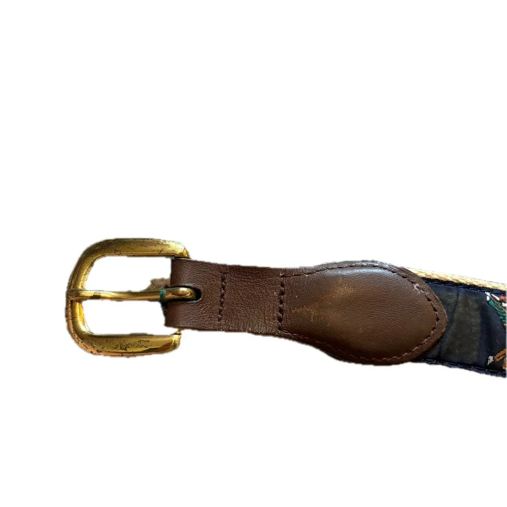 Vintage Embroidered Golfer Surcingle Belt Navy Cream Canvas Leather Size 40